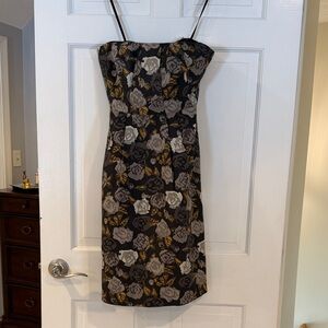 J. Crew Strapless Dress with Black, Gray, and Gold Floral Design
